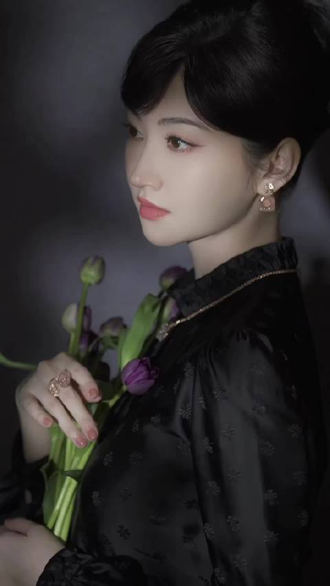 景甜冷脸造型引热议，单色调穿搭显美艳