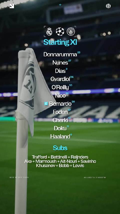 欧冠皇马对曼城首发公布，库尔图瓦哈兰德领衔