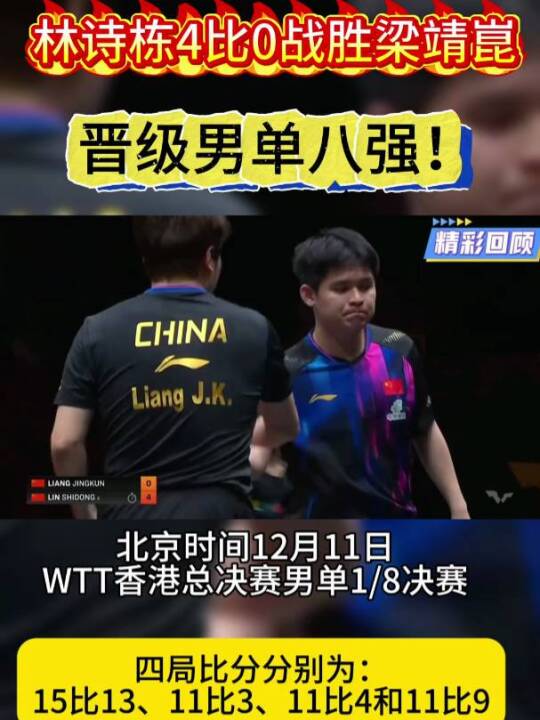 林诗栋4比0战胜梁靖崑，晋级WTT香港总决赛男单八强！