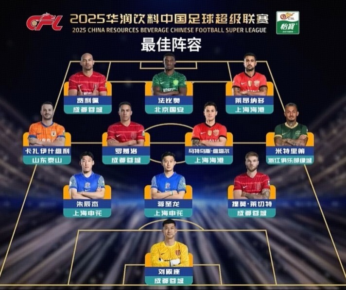 2025赛季中超最佳阵容：法比奥、瓦科领衔，蒋圣龙、朱辰杰入选