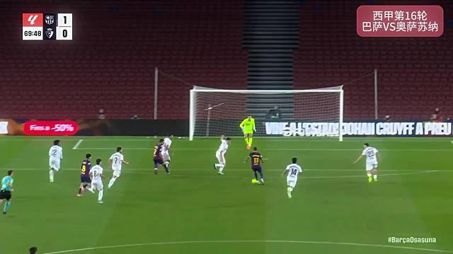 西甲第16轮比赛，拉菲尼亚梅开二度，帮助巴萨主场2-0击败奥萨苏纳