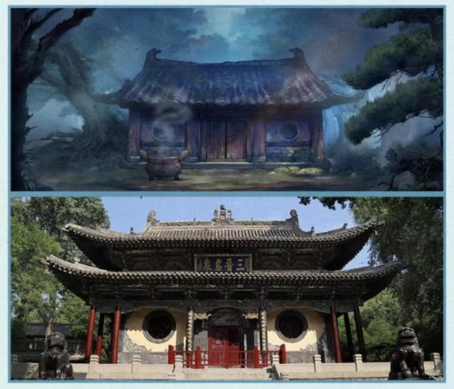 △上图为电影画面，下图为太原晋祠水镜台