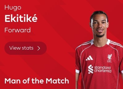 梅开二度，埃基蒂克当选利物浦vs布莱顿全场最佳球员