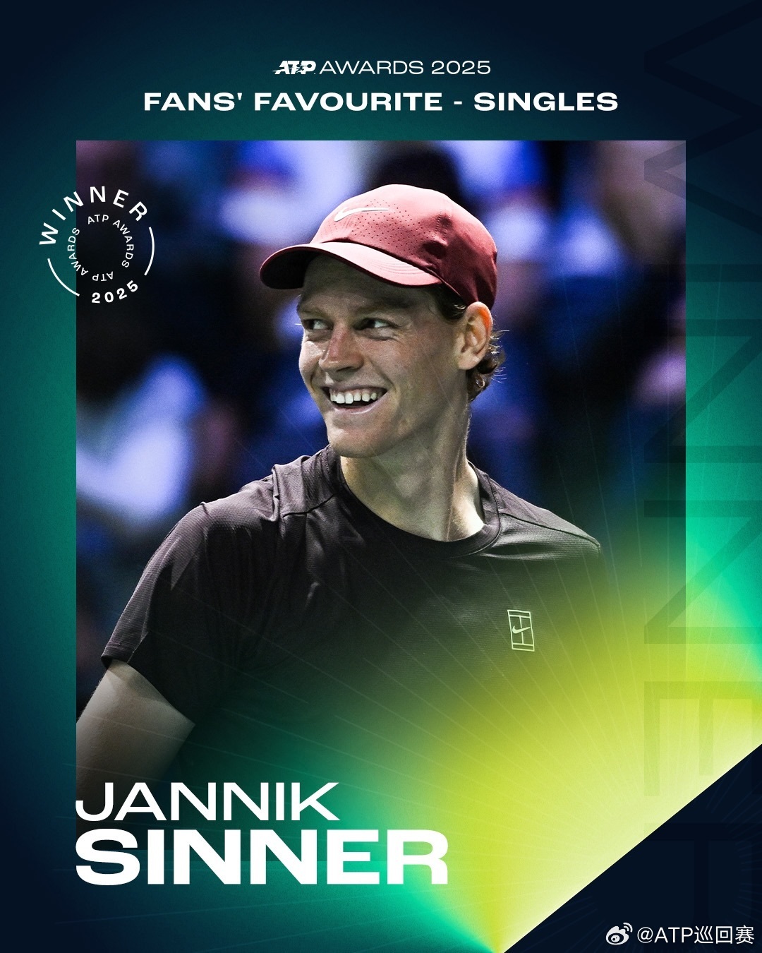 辛纳连续三年当选ATP年度最受欢迎单打球员
