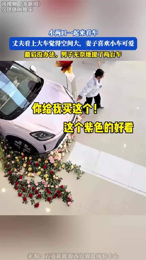 小两口一起来看车，丈夫看上大车觉得空间大，妻子喜欢小车可爱！