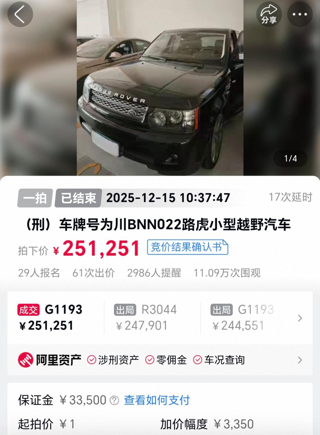 251251元！“起拍价1元”的路虎揽胜经61次出价后成功拍卖，系涉刑资产