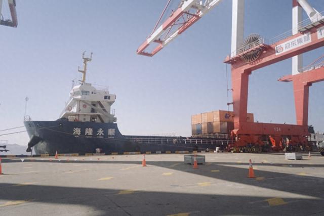 “海隆永顺”号集装箱船停靠在上海洋山三期码头。澎湃新闻记者 邹桥 摄