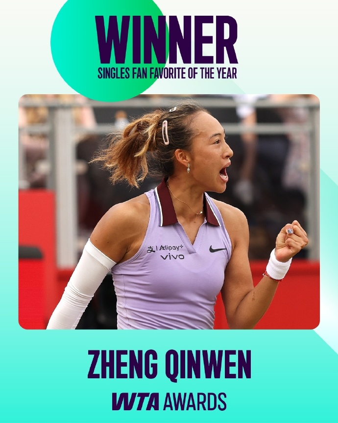 郑钦文再次当选WTA最受欢迎单打球员