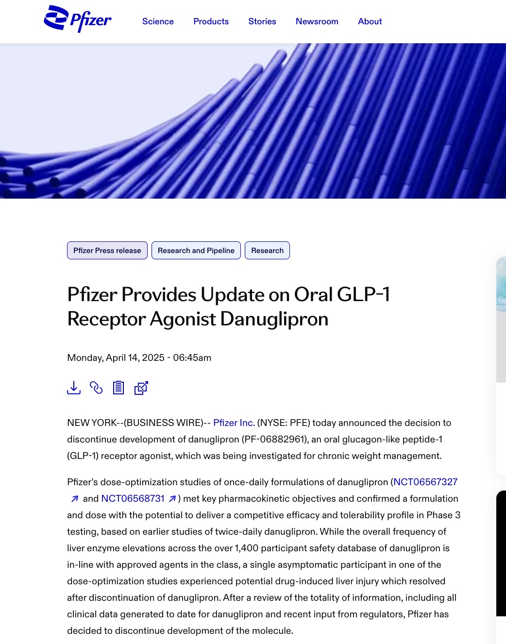 截图来自辉瑞官网，宣布终止终止Danuglipron开发