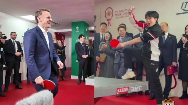 太搞笑了！王楚钦友谊赛夸张接球动作，法国总统被逗得笑个不停