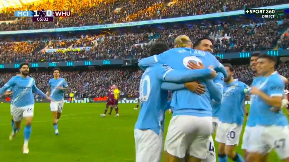 哈兰德跟上补射空门得分，曼城1-0西汉姆联