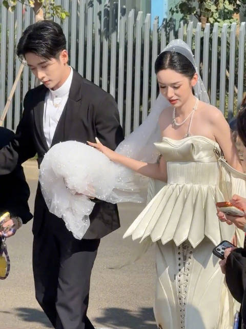 丞磊拿着周也的一坨头纱一起走进红毯，这画面跟新人婚礼入场似的