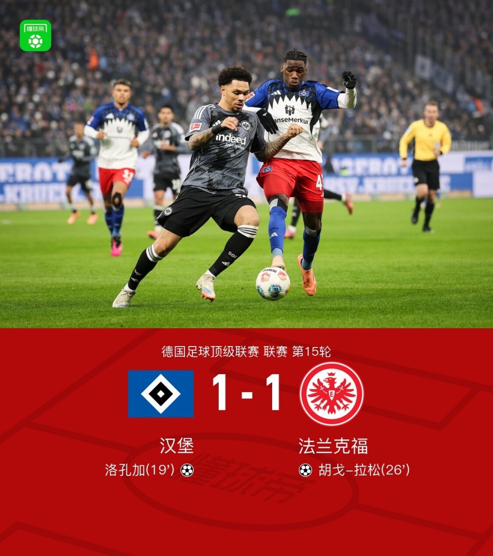 汉堡1-1法兰克福，洛孔加破门，胡戈-拉松扳平