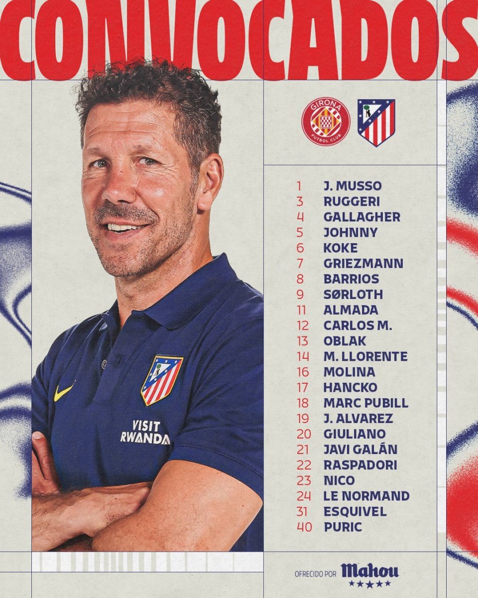 马竞公布对阵赫罗纳大名单：格列兹曼领衔，略伦特复出