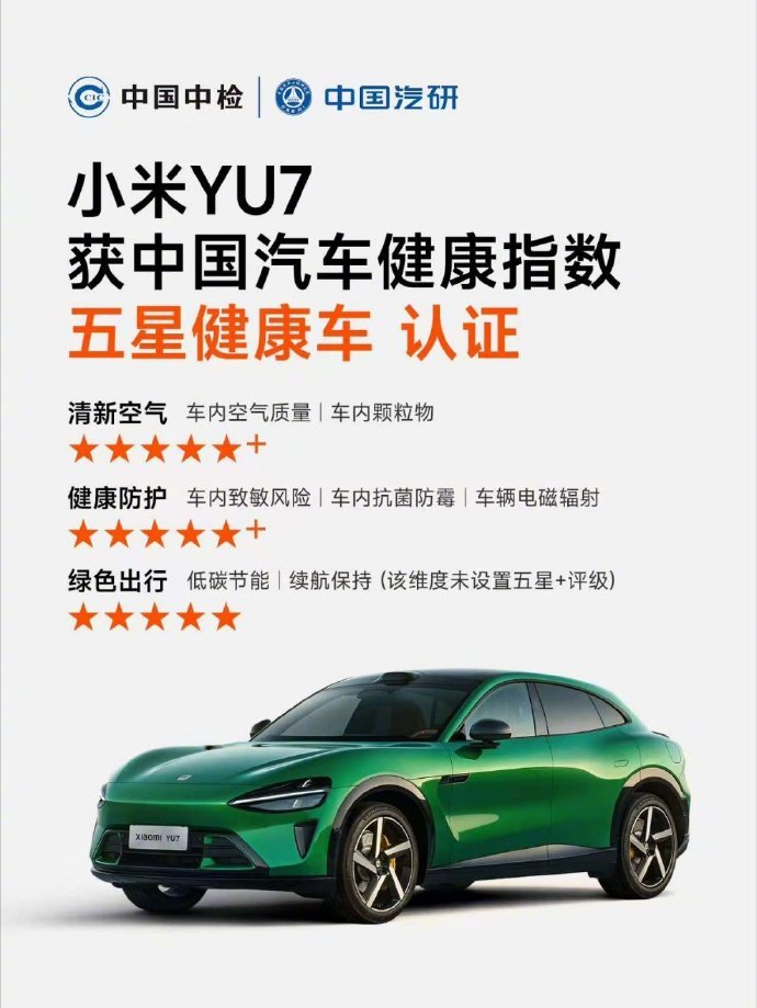 雷军：小米YU7荣获“五星健康车”称号