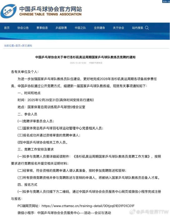 国乒总教练竞聘启动