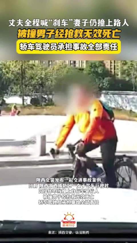 丈夫喊刹车未果妻子撞死路人，轿车驾驶员负全责