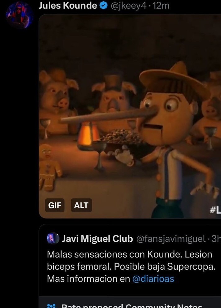 记者称孔德受伤将缺战西超杯，球员社媒发匹诺曹表情回应