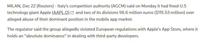 苹果公司在意大利被罚近亿欧元  美科技巨头在欧洲罚单不断