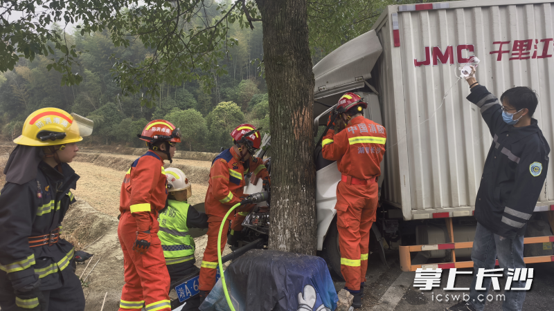 货车撞上路边大树，消防紧急营救被困人员