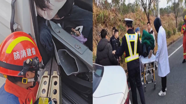 小轿车失控撞向护栏，车内有一人被困，消防员破拆驾驶室营救