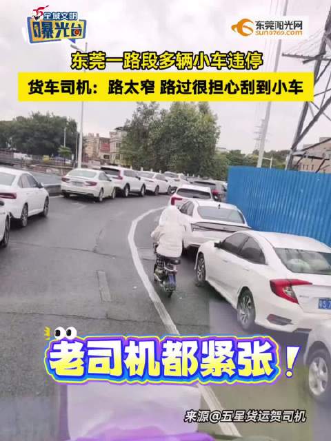 东莞一路段多车违停致货车通行困难