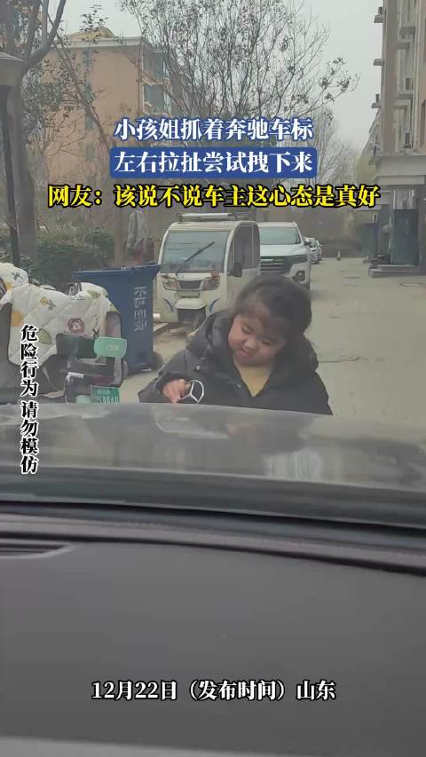 小孩姐抓着奔驰车标，左右拉扯尝试拽下来