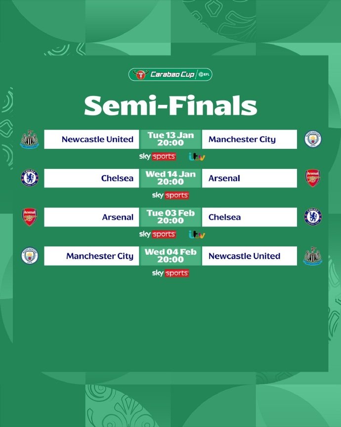 联赛杯半决赛对阵揭晓，阿森纳战切尔西，纽卡斯尔联对曼城