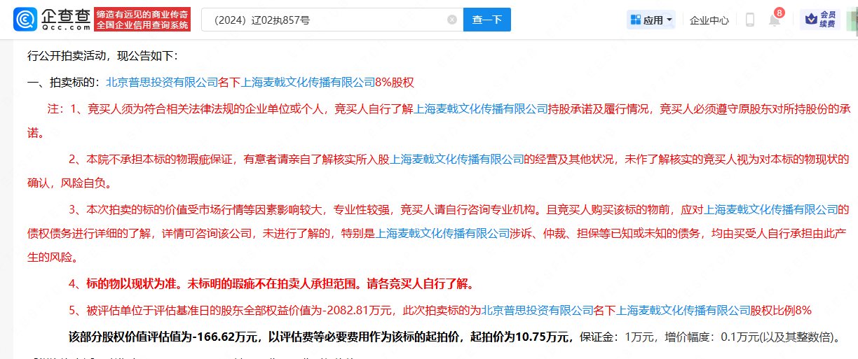 王思聪公司名下股权被拍卖，起拍价10.75万元
