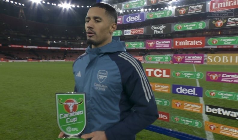 后防核心，萨利巴当选阿森纳vs水晶宫全场最佳球员