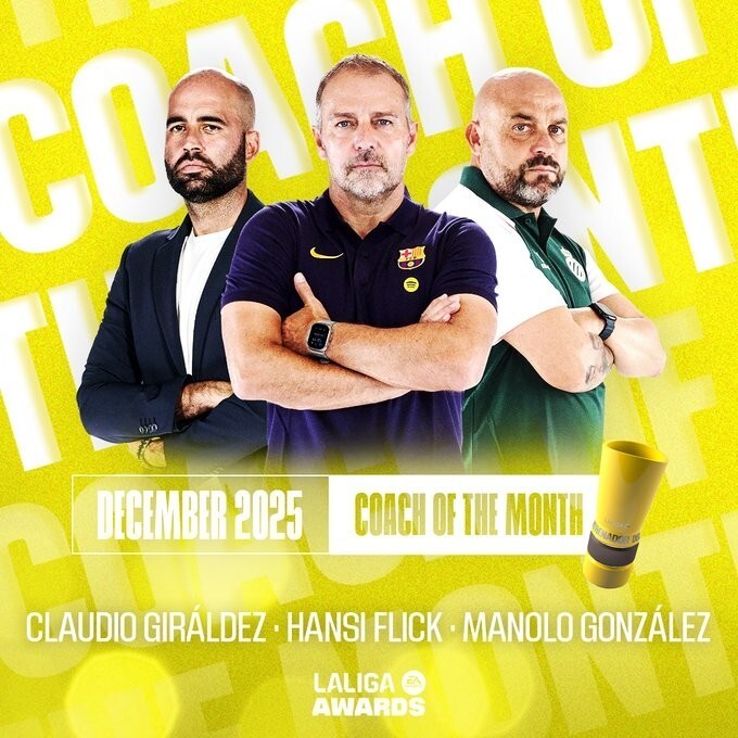 西甲12月最佳主帅候选：弗里克、希拉尔德斯、马诺洛在列