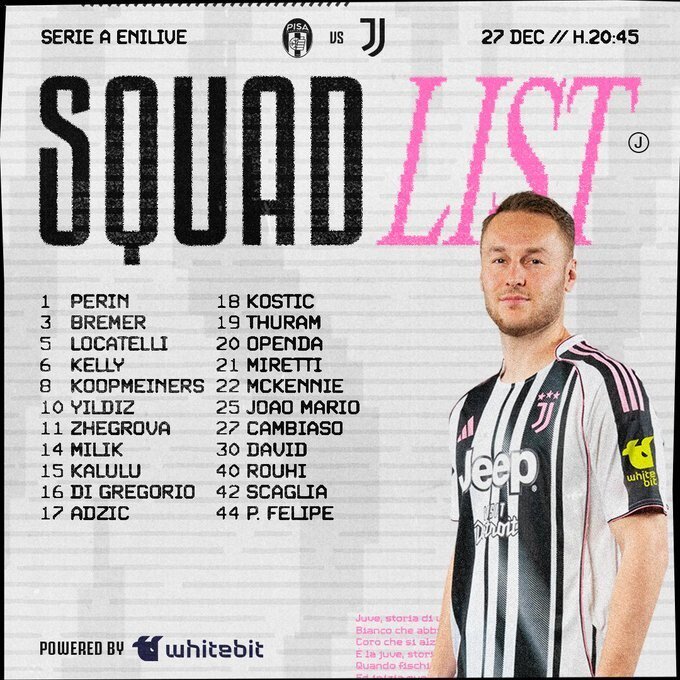 尤文公布客战比萨大名单：库普梅纳斯回归，小孔塞桑缺阵