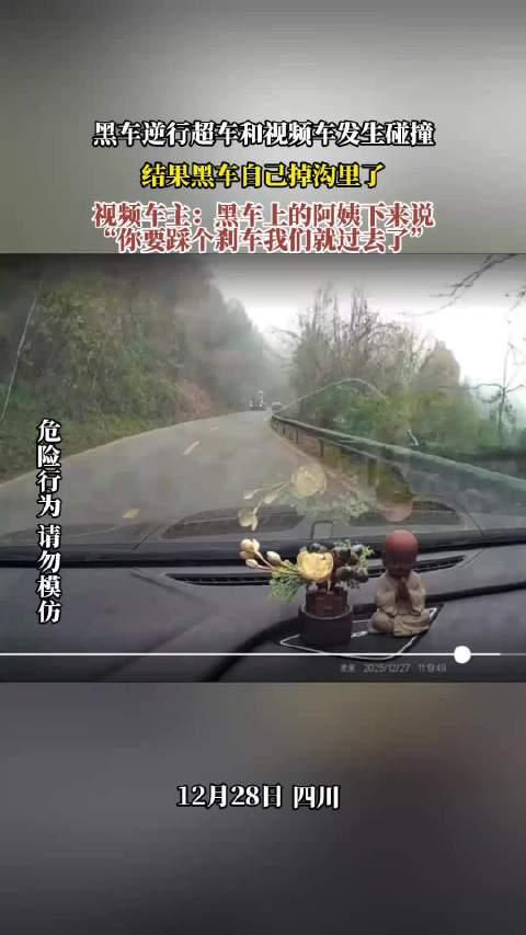 黑车逆行超车和视频车发生碰撞，结果黑车自己掉沟里了