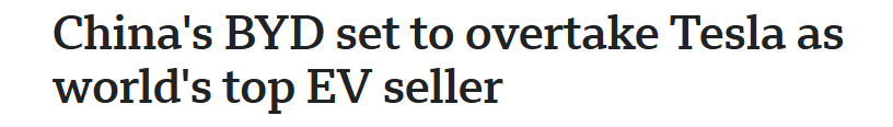 全球媒体聚焦 | 英媒：将超越特斯拉 中国电动汽车公司销量全球第一