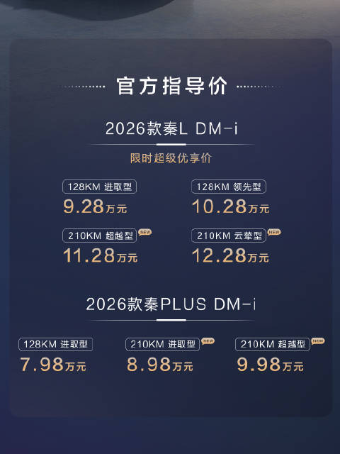2026款秦L DM-i与秦PLUS DM-i上市，210KM长续航售8.98万起