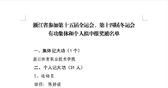 浙江公示：汪顺、潘展乐、黄雅琼等31人拟记大功
