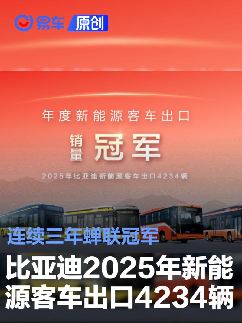 比亚迪2025年新能源客车出口4234辆 连续三年蝉联冠军