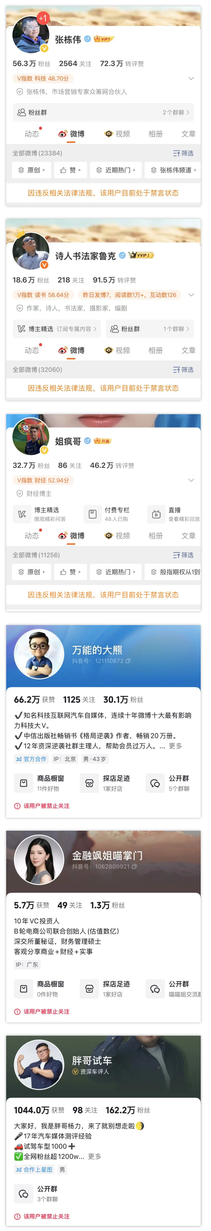 “万能的大熊”“胖哥试车”等，被禁言、禁止关注！