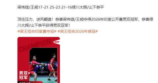 梁伟铿/王昶夺得2026年印度羽毛球公开赛决赛男双冠军