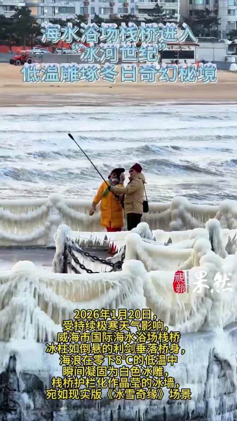 海水浴场栈桥进入冰河世纪，低温雕琢冬日奇幻秘境