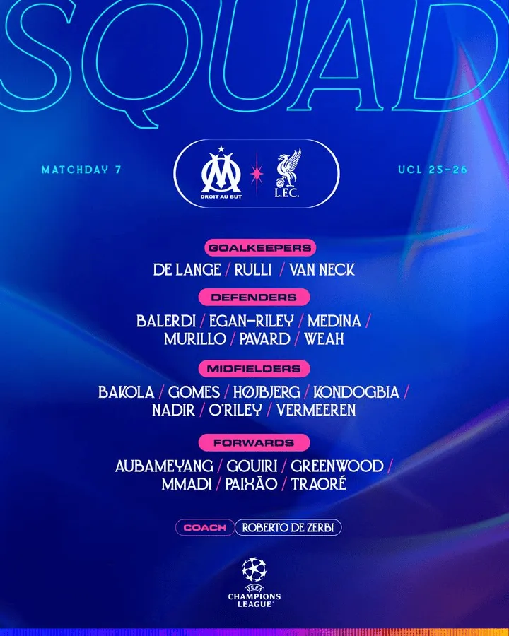 [2026年01月21日]欧冠前瞻：马赛公布对阵利物浦大名单，奥巴梅扬、格林伍德、帕瓦尔在列