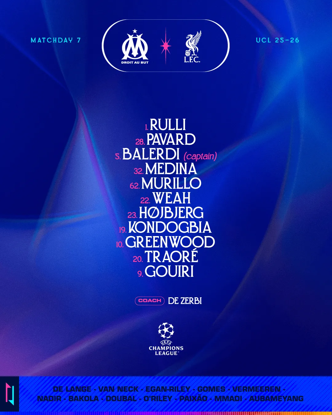 [2026年01月22日]欧冠首发：马赛vs利物浦，萨拉赫回归，维尔茨、格林伍德出战