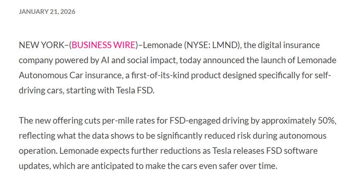 美国保险公司推出“自动驾驶车辆险” 特斯拉FSD用户保费减半