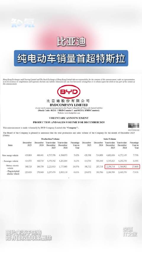 比亚迪纯电动车销量首超特斯拉