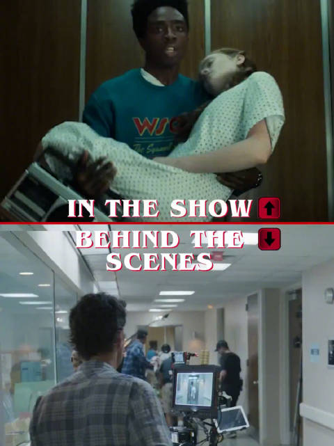 《怪奇物语》第五季Lucas抱Max逃离怪物片段成片与幕后对比