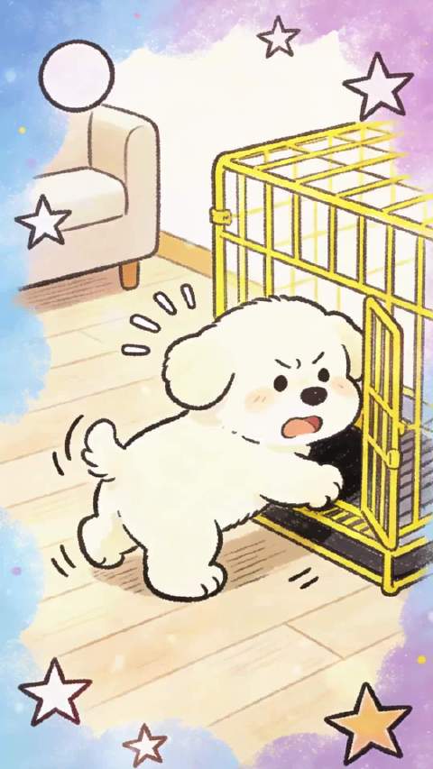 小狗崽刚“越狱”就碰到主人，吓得连滚带爬的把自己塞回笼子里~！