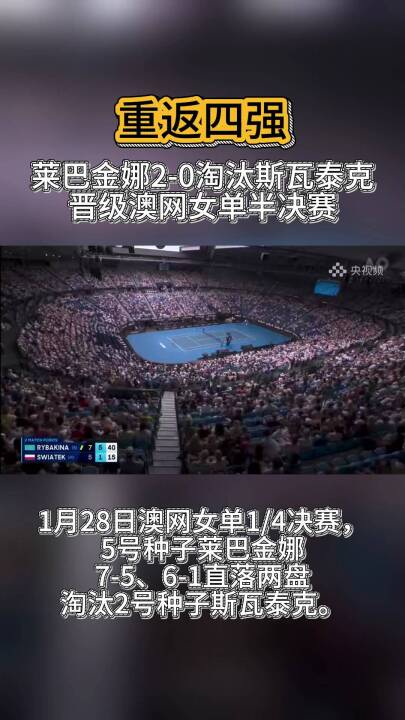 重返四强，莱巴金娜2-0淘汰斯瓦泰克，晋级澳网女单半决赛