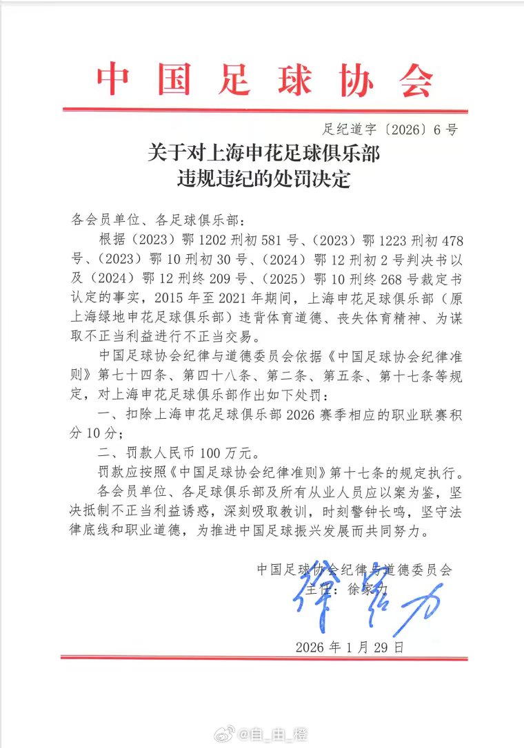 中国足协官网相关俱乐部通报
