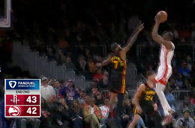 火箭半场43-42领先老鹰，杜兰特12分&亚历山大-沃克12分