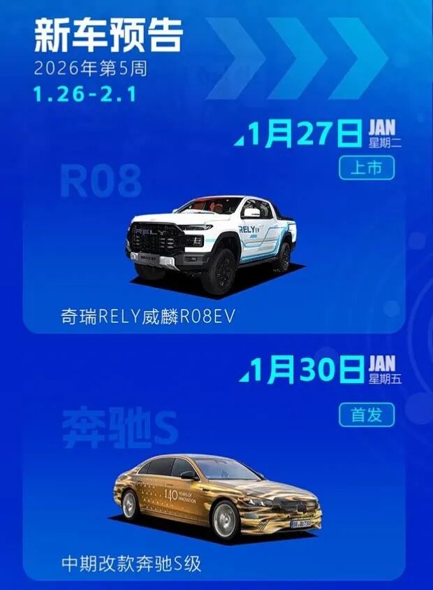 2026年第5周新车前瞻:奔驰S级改款领衔,多款新能源车型亮相